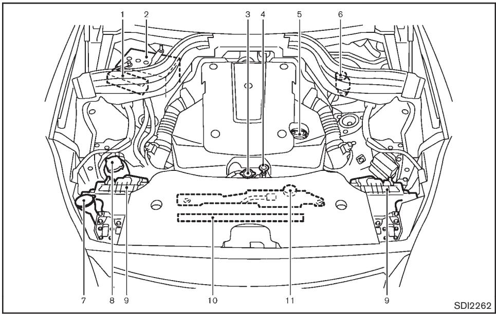 INFINITI FX (2008-2014) - POINTS DE VÉRIFICATION DU COMPARTIMENT MOTEUR - 1