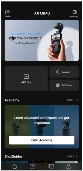 DJI OSMOPOCKET3 - Écran d'accueil de l'application DJI mimo - 1