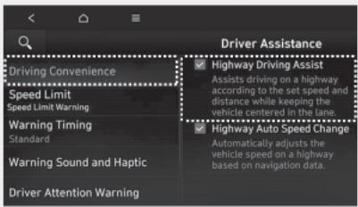 HYUNDAI Santa Cruz (2021) - Paramètres d'assistance à la conduite sur autoroute Fonctions de paramétrage - 1
