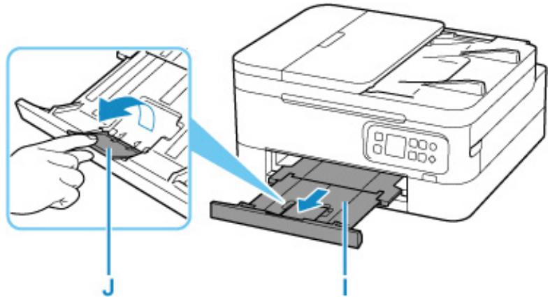 CANON TS7400series - Tirez le bac de sortie papier (I) et ouvrez le support de sortie papier (J). - 1