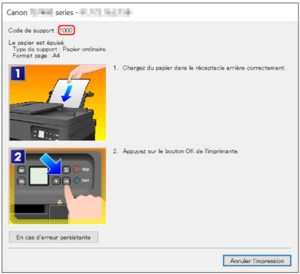 CANON TS7400series - Lorsqu'un code de support et un message s'affichent sur l'écran de l'ordinateur (Windows) : - 1