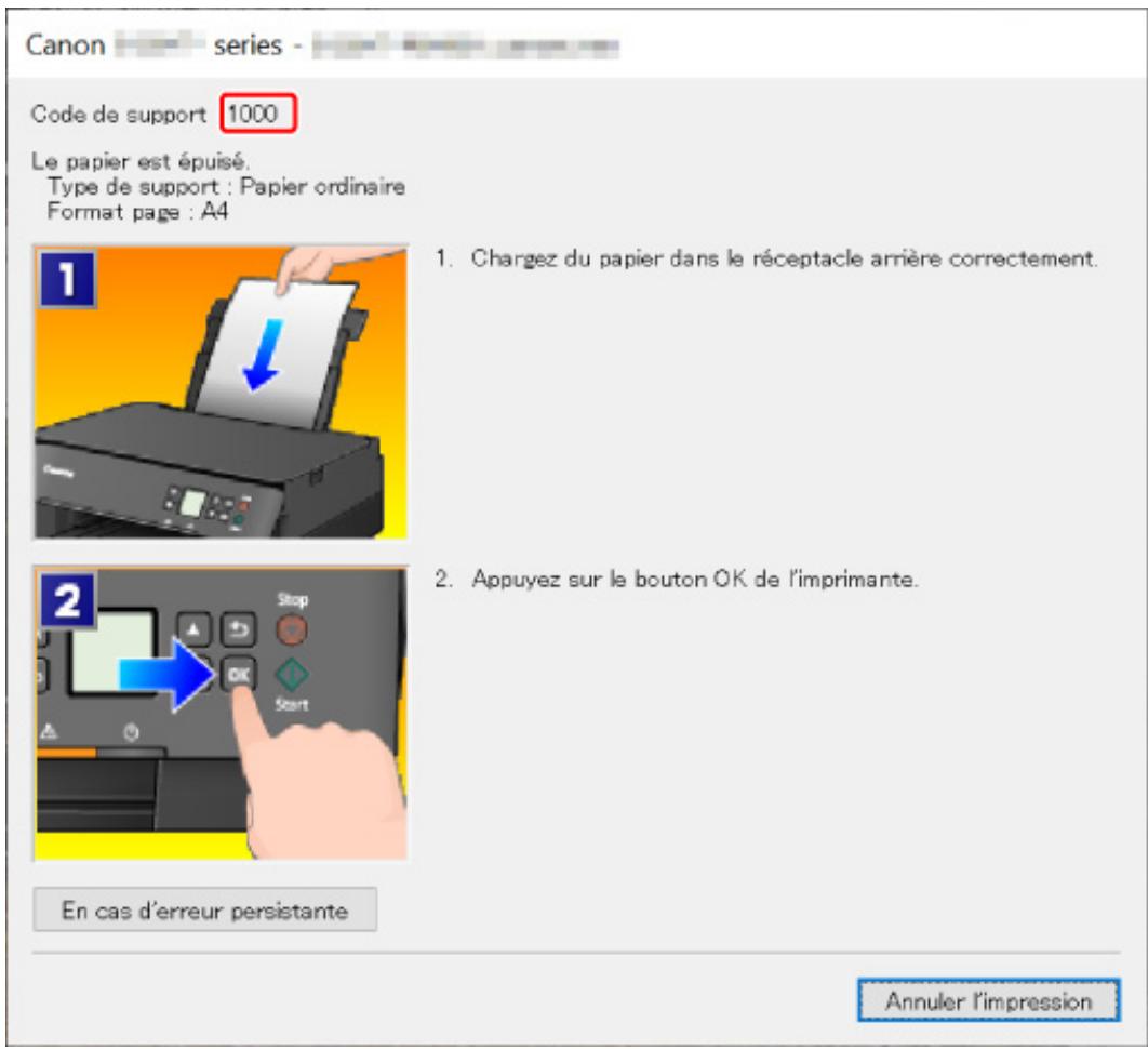 CANON TS5300series - Lorsqu'un code de support et un message s'affichent sur l'écran de l'ordinateur (Windows) : - 1