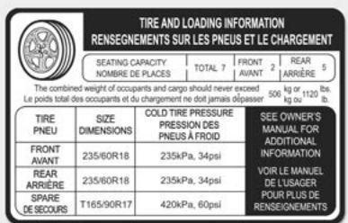 KIA Sorento (2017-2020) - Étiquette de renseignements sur les pneus et la charge - 5