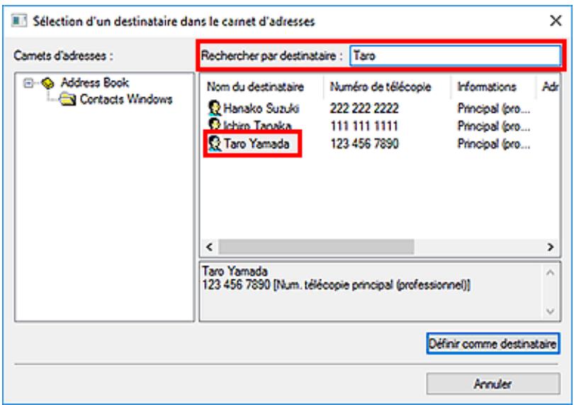 CANON TR4700series - Indiquez le nom du destinataires à rechercher dans Recherche par destinataires dans la boîte de dialogue Sélection d'un destinataires dans le carnet d'adresses. - 1