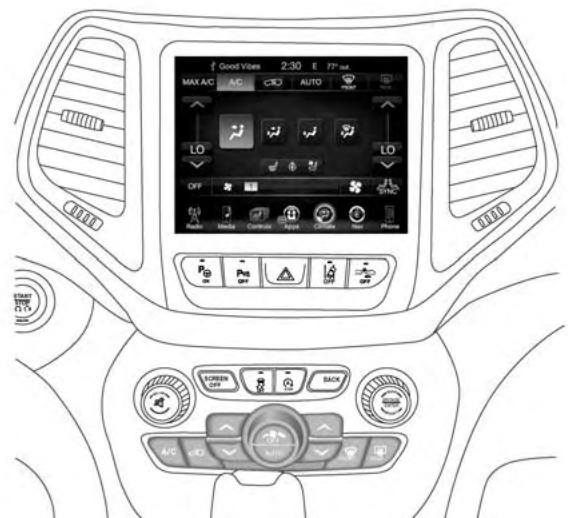 JEEP Cherokee Phase 1 (2013-2018) - Commandes du système de chauffage-climatisation avec une vue d'ensemble de l'écran tactile - 4