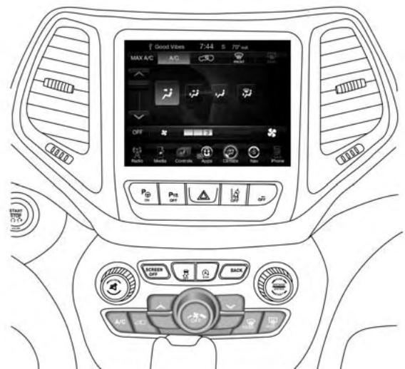 JEEP Cherokee Phase 1 (2013-2018) - Commandes du système de chauffage-climatisation avec une vue d'ensemble de l'écran tactile - 2