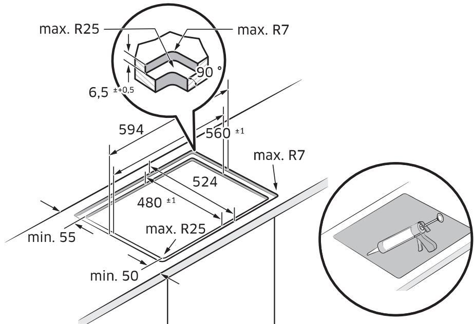 max. R25 max. R7 6,5 ±0,5 90° 594 560 ±1 max. R7 524 480 ±1 max. R25 min. 55 min. 50 min. 50