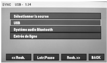 SYNC USB - 1:34 Sélectionner la source USB Système audio Bluetooth Entrée de ligne << Rech. Letr/Pause Rech. >> BACK