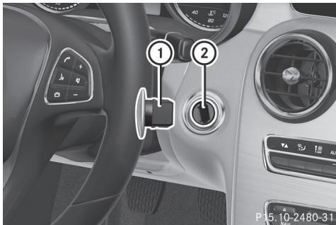 Mercedes-Benz Classe C (2014-2018) - Positions de la clé avec la touche de démarrage et d'arrêt - 1
