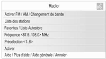 Radio Activer FM / AM / Changement de bande Liste des stations Favorites / Liste Autostore Fréquence <87.5..108.0> MHz Présélection <1..6> Activer Aide / Plus d'aide / Aide générale / Annuler