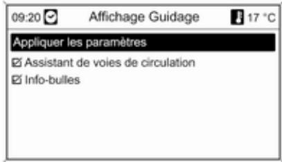 09:20 Affichage Guidage 17 °C Appliquer les paramètres Assistant de voies de circulation Info-bulles