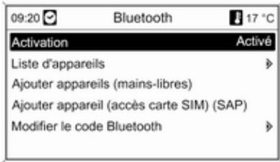 09:20 Bluetooth 17 °C Activation Activé Liste d'appareils > Ajouter appareils (mains-libres) Ajouter appareil (accès carte SIM) (SAP) Modifier le code Bluetooth >