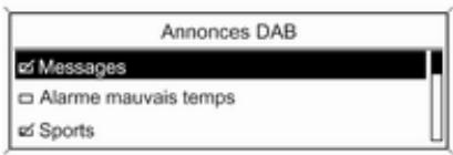 Annonces DAB ☑ Messages ☐ Alarme mauvais temps ☑ Sports