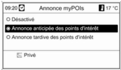 09:20 Annonce myPOIs 17 °C ○ Désactivé ● Annonce anticipée des points d'intérêt ○ Annonce tardive des points d'intérêt Privé