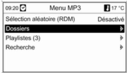 09:20 Menu MP3 17 °C Sélection aléatoire (RDM) Désactivé Dossiers Playlistes (3) Recherche