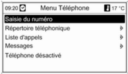 09:20 Menu Téléphone 17 °C Saisie du numéro Répertoire téléphonique Liste d'appels Messages Téléphone désactivé