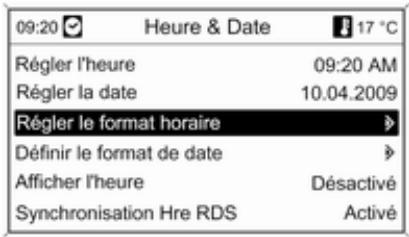 09:20 Heure & Date 17 °C Régler l'heure 09:20 AM Régler la date 10.04.2009 Régler le format horaire Définir le format de date Afficher l'heure Désactivé Synchronisation Hre RDS Activé
