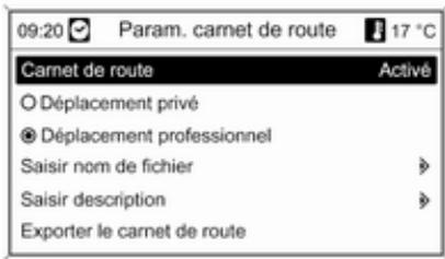 09:20 Param. carnet de route 17 °C Carnet de route Activé ○ Déplacement privé ● Déplacement professionnel Saisir nom de fichier > Saisir description > Exporter le carnet de route