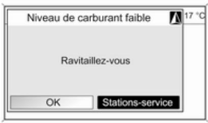 Niveau de carburant faible 17 °C Ravitaillez-vous OK Stations-service