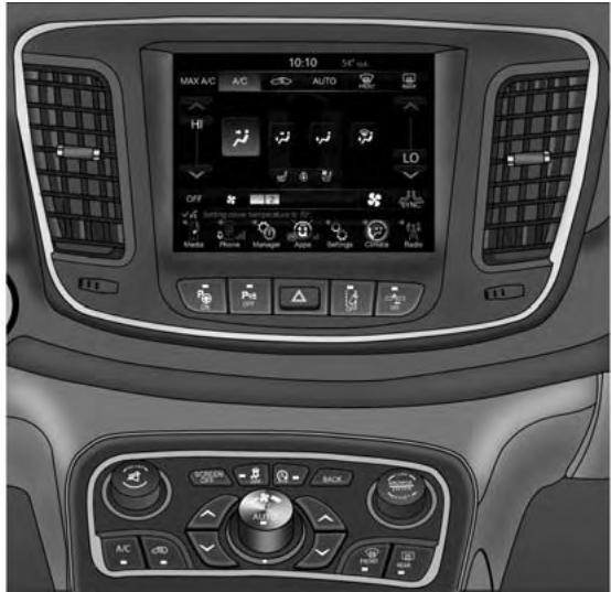 Chrysler 200 (2017) - Commandes du système de chauffage-climatisation avec une vue d'ensemble de l'écran tactile - 3