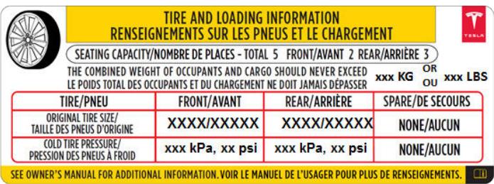 TESLA Model S (2016-2021) - Étiquette d'information sur les pneus et le chargement - 1