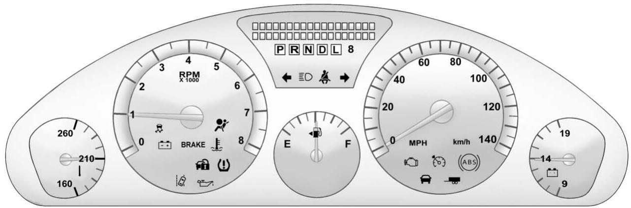 RPM X 1000 260 210 160 3 4 5 6 7 8 BRAKE E F PRNDL 8 ← ED → 60 80 100 40 20 120 0 MPH km/h 140 -14 9