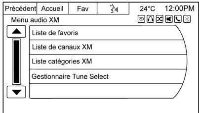 Précédent Accueil Fav 24°C 12:00PM Menu audio XM ▲ Liste de favoris Liste de canaux XM Liste catégories XM Gestionnaire Tune Select ▼