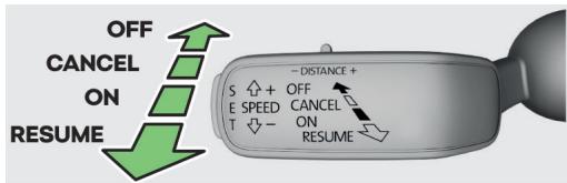 OFF CANCEL ON RESUME - DISTANCE + S + OFF E SPEED CANCEL T - ON RESUME