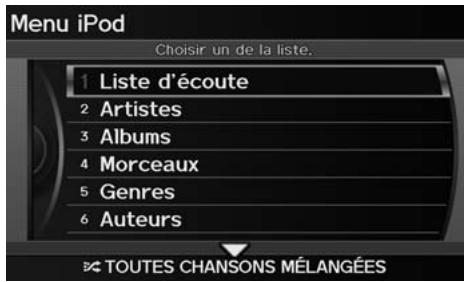 Acura ZDX (2013) - Touche AUDIO (en mode iPod®) ▶ RECHERCHE DE MUSIQUE - 1