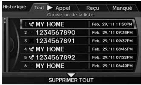 Acura ZDX (2013) - Touche INFO/PHONE ▶ Téléphone cellulaire ▶ Historique d'appel - 1