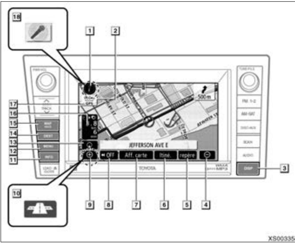 TOYOTA Tundra (2007-2009) Navigation et multimédia - — Touches de vue d'ensemble et d'écran de guidage - 1