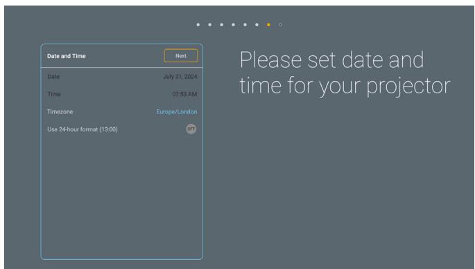 Date and Time Next Date July 31, 2024 Time 07:53 AM Timezone Europe/London Use 24-hour format (13:00) Off Please set date and time for your projector