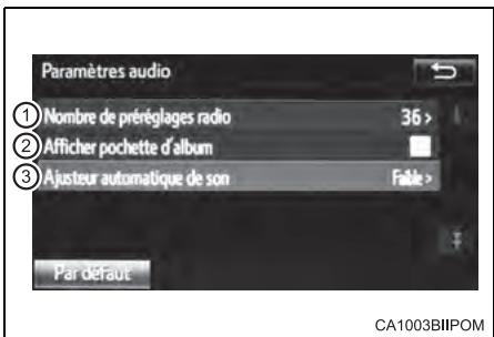 Paramètres audio ① Nombre de préréglages radio 36 > ② Afficher pochette d'album ③ Ajusteur automatique de son Frable > Par défaut CA1003BIIPOM