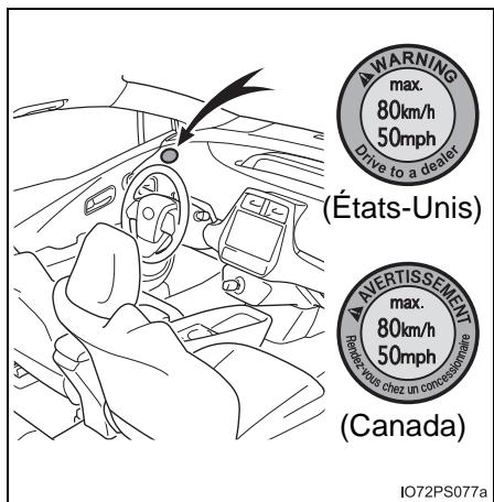 WARNING max. 80km/h 50mph Drive to a dealer (États-Unis) AVERTISSEMENT max. 80km/h 50mph Rogers vous chez un concordantiers (Canada) IO72PS077a