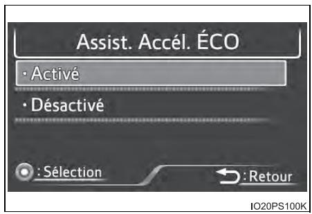 Assist. Accél. ÉCO • Activé • Désactivé : Sélection : Retour IO20PS100K