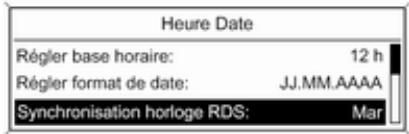 Heure Date Régler base horaire: 12 h Régler format de date: JJ.MM.AAAA Synchronisation horloge RDS: Mar