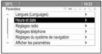 20°C 10:22 Paramètres Langues (Languages) Heure et date Réglages radio Réglages téléphone Réglages du système de navigation Afficher les paramètres