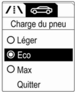 /...\nCharge du pneu\n○ Léger\n○ Eco\n○ Max\nQuitter