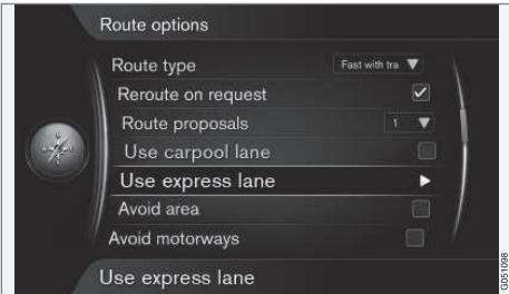 VOLVO Sensus (2015) système multimédia - Paramètres Options de trajet Utiliser voie covoiturage - 1