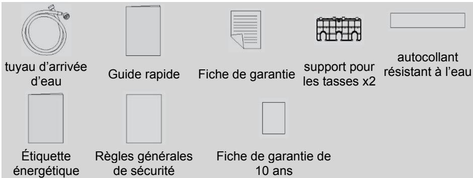 tuyau d'arrivée d'eau Guide rapide Fiche de garantie support pour les tasses x2 autocollant résistant à l'eau Étiquette énergétique Règles générales de sécurité Fiche de garantie de 10 ans