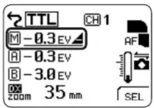 TTL CH 1 M -0.3 EV A -0.3 EV B -3.0 EV DX 35 mm zoom AF SEL