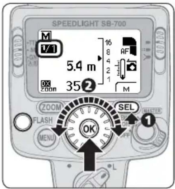 SPEEDLIGHT SB-700 M 1/1 5.4 m 16 8 AF 4 2 1 DX 35② ZOOM M ZOOM FLASH OK SEL MASTER MENU OFF 1
