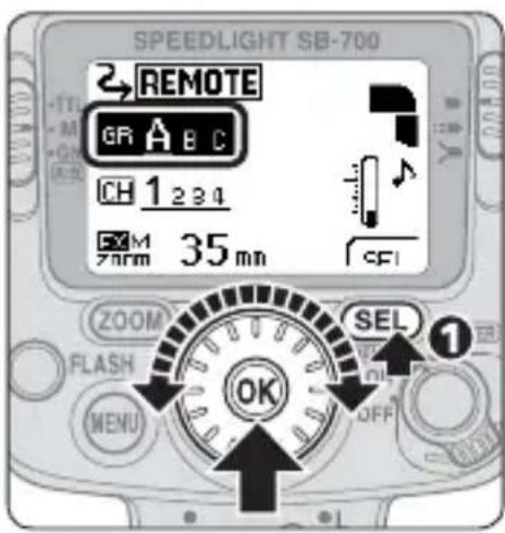 SPEEDLIGHT SB-700 2 REMOTE GR ABC CH 1 234 5x M 35 mn ZOOM FLASH MENU OK SEL 1