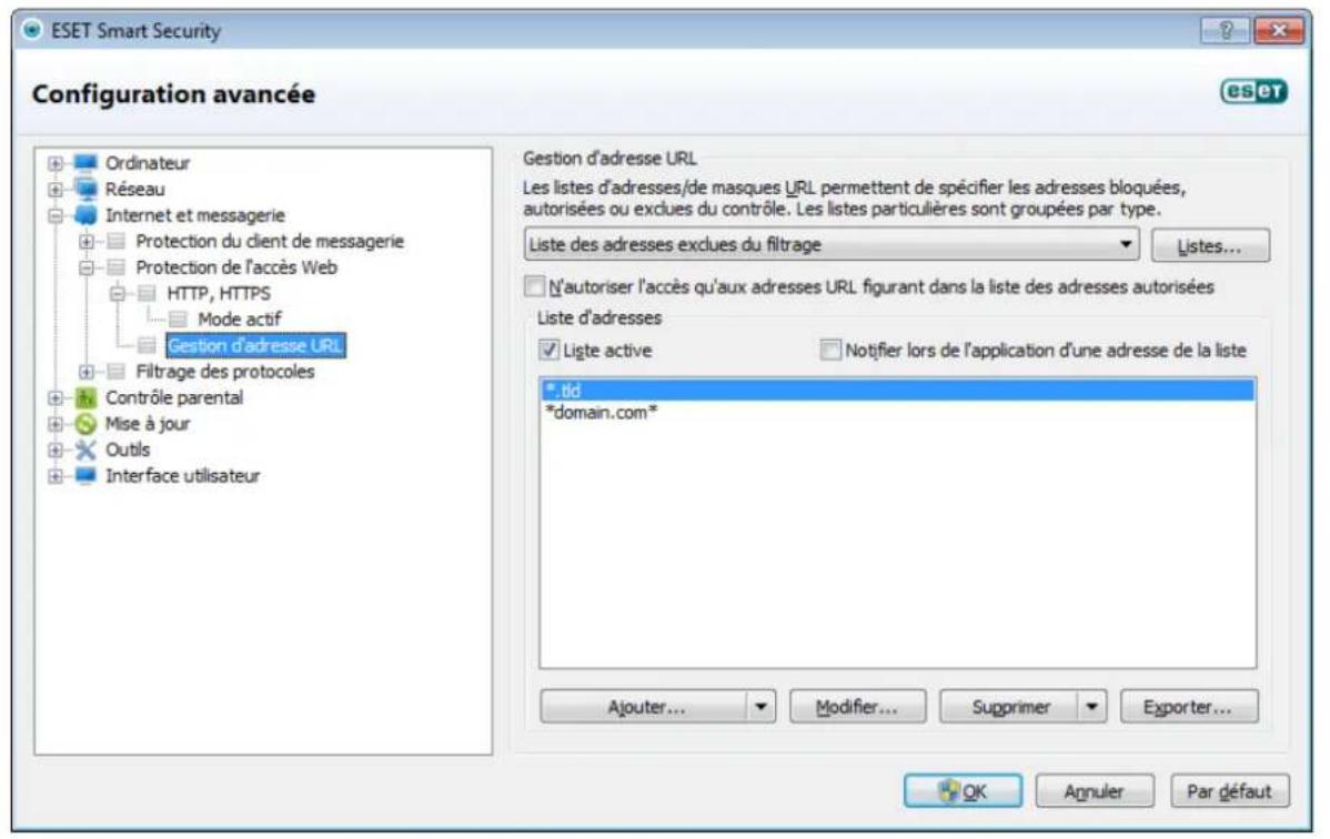 ESET Smart Security 5 - Gestion d'adresse URL - 1
