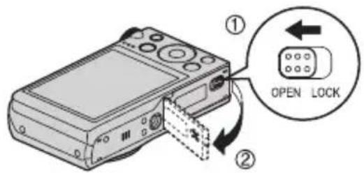 CASIO Exilim EXZR300 - Appuyez sur [ON/OFF] (Alimentation) pour mettre l'appareil photo hors service, puis ouvrez le couvercle de batterie. - 1