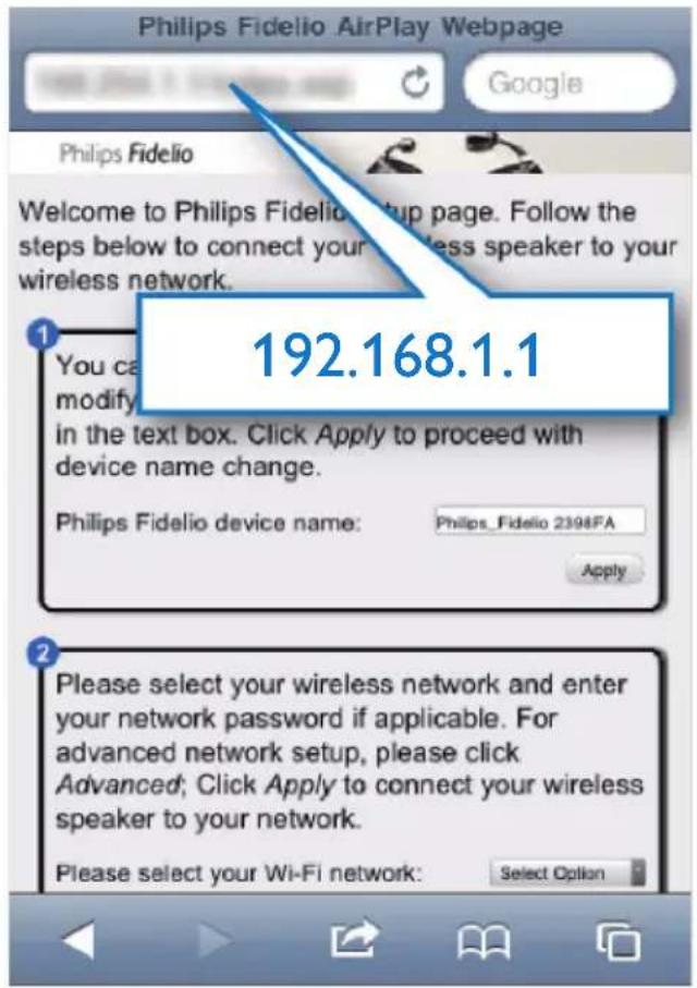 PHILIPS Fidelio AD7050W - Saisissez 192.168.1.1 dans la barre d'adresse du navigateur, puis confirmez. → La page de configuration du AD7050W est affichée. - 1