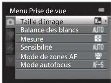 NIKON Coolpix S9300 - Options disponibles dans le menu Prise de vue (mode (auto)) - 1