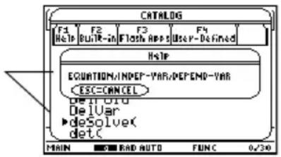 TEXAS INSTRUMENTS TI89 - Affichage de l'aide relative au CATALOGAffichage de l'aide relative au CAT - 1