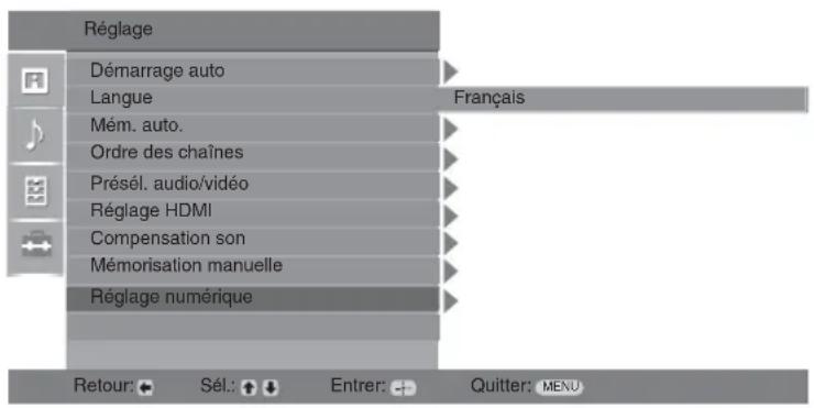 Réglage Démarrage auto Langue Mém. auto. Ordre des chaînes Présél. audio/vidéo Réglage HDMI Compensation son Mémorisation manuelle Réglage numérique Retour: Sél.: Entrer: Quitter: MENU