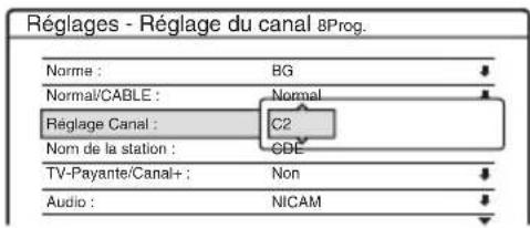 Réglages - Réglage du canal BProg. Norme : BG Normal/CABLE : Normal Réglage Canal : C2 Nom de la station : CDE TV-Payante/Canal+ : Non Audio : NICAM